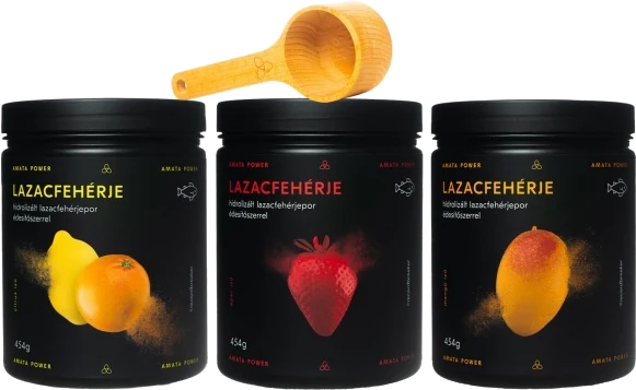 A három ízű Lazacfehérje csomag fa adagolókanállal